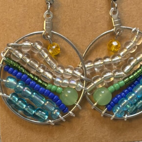 Handmade Ocean Wave Land Beaded Hoop Earrings – Blue & Green Boho Dangles - Picture 3 of 4